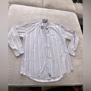 Burberry London Striped Button Down Dress Shirt Size L blue, tan, white and red.